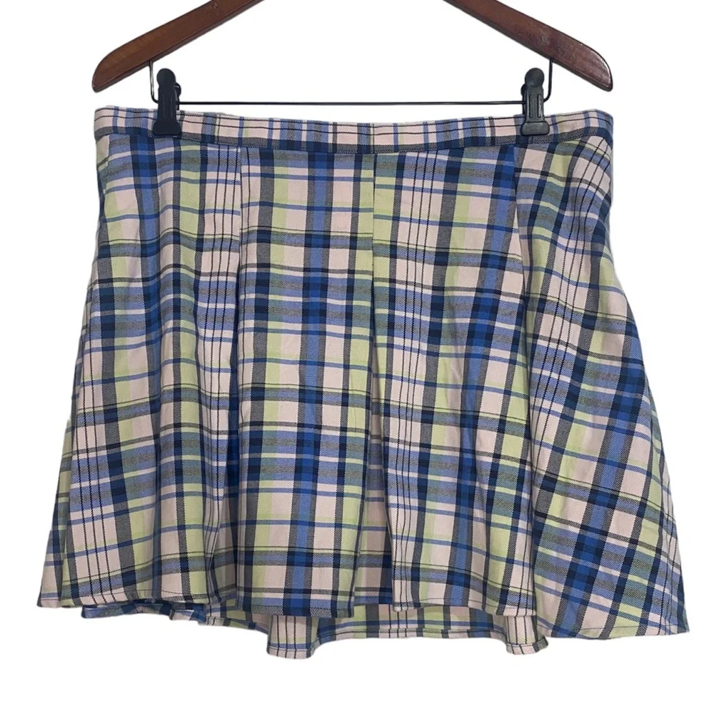 NWT SO Juniors High Rise Pleated Mini Skirt Navy Pink Plaid Pastel Sz 17 Preppy